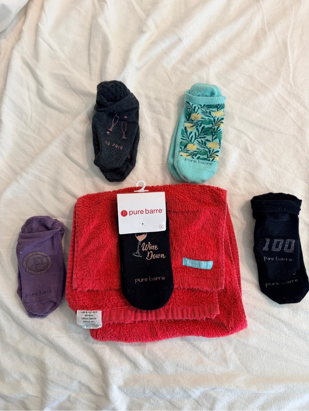 Pure Barre Sticky Sock Set (5 pairs, one brand-new) + FaceSoft Towel